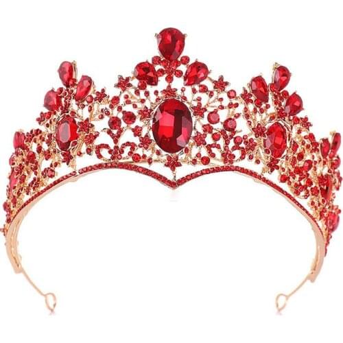 Ladies Luxury Red Color Rhinestone Tiara Crown Bride Wedding Beauty Hair Accessories Girls Pageant Party Headpieces Hair Jewelry