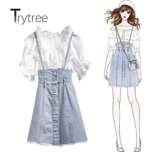 Trytree Summer Women two piece set Casual Slash neck Ruffles Chiffon Loose Tops + Denim strap dress Tassel Mini 2 piece Set