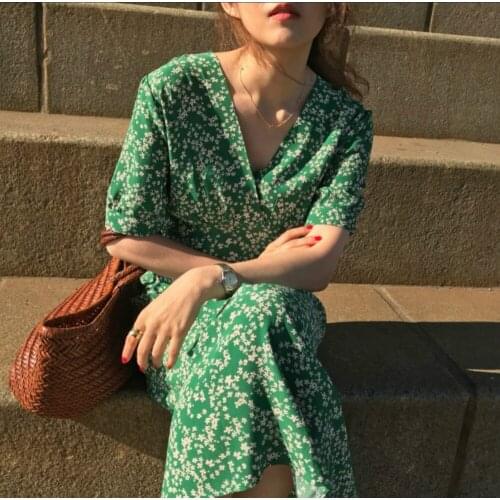 Women Summer Elegant V Neck Little Flower Long Dress Green Short Sleeve High Waist A-line Midi Dresses 2020 French Style