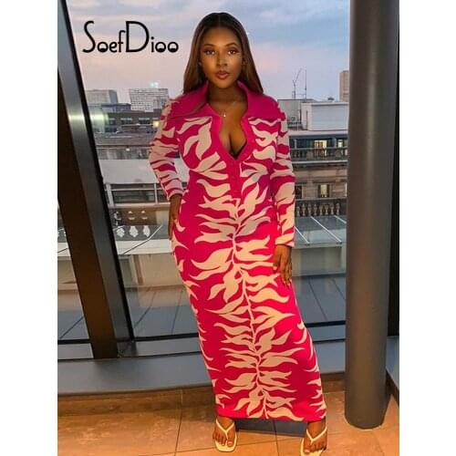Soefdioo Printed Lapel Long Sleeve Bodycon Dress Women Sexy Single Breasted Party Maxi Dresses Fall 2021 Elegant Night Club Wear