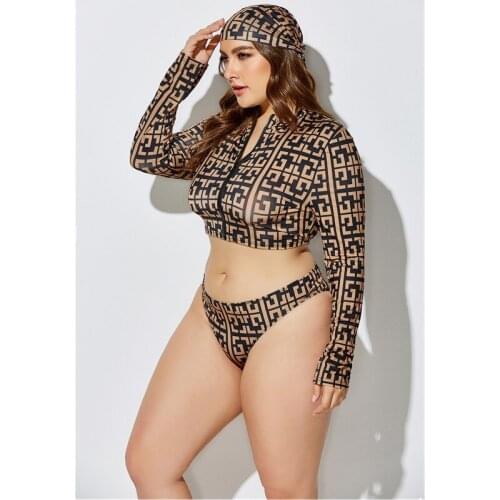 2021 Summer Fashion Women Long Sleeve Swimsuit Three Piece Oversize Large Swimwear Floral Printing Swimm Suit Bikini Beachwear