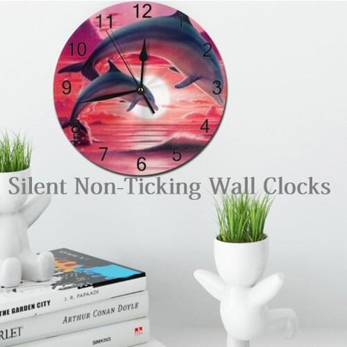 Dolphins 10inch Round Wall Clocks Digital Dial Mute Silent Digital Clocks Battery Operated Kitchen Clock Living Home Wall Decor
