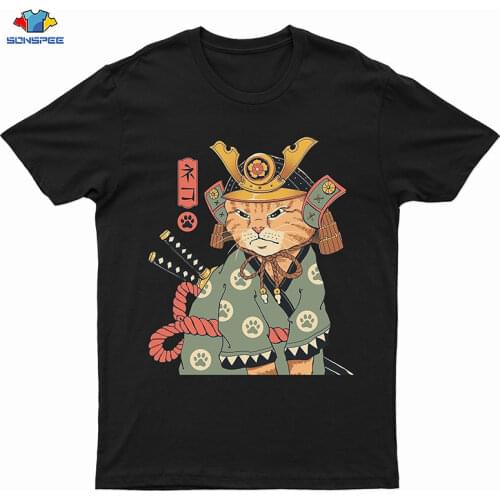 Japanese Samurai Cat Tattoo Mens T-shirt Cool Classic Art Print Cotton Tshirt New Women Summer Casual O-neck Shirt Fitness Tops