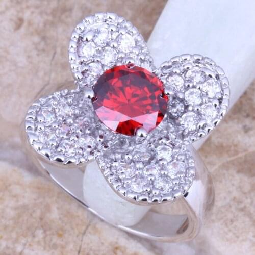 Royal Red Garnet White CZ Silver Plated Womens Ring Size 6 / 7 / 8 / 9 R1098