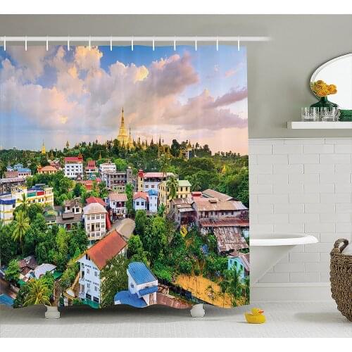 Landscape Shower Curtain Yangon Myanmar Skline Cityscape Scenery with Nature Village Houses Art Print Home Decor Bath Curtains