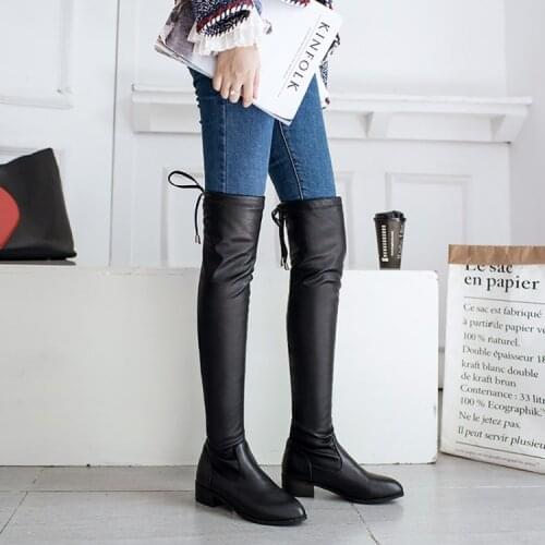 Winters new high heeled boots womens knee high boots with Korean lace up low heeled knee high boots