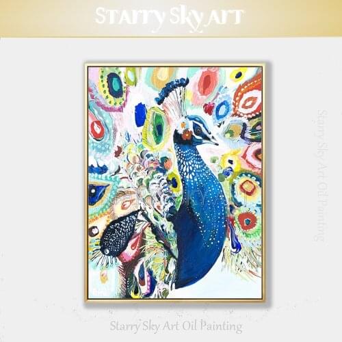 Hand-painted Pop Fine Art Colorful Painting Animal Peacock Oil Painting on Canvas Rich Colors Knife Painting Peacock Painting