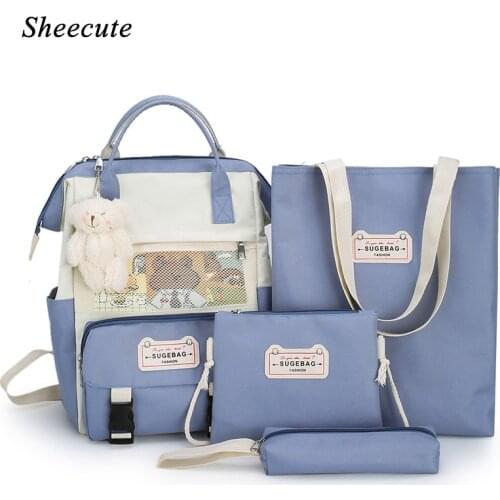 4pcs/set Girls Backpack Female Student School Bags Large-capacity Sweet Backpack Kids Oxford Cloth Waterproof Children Schoolbag