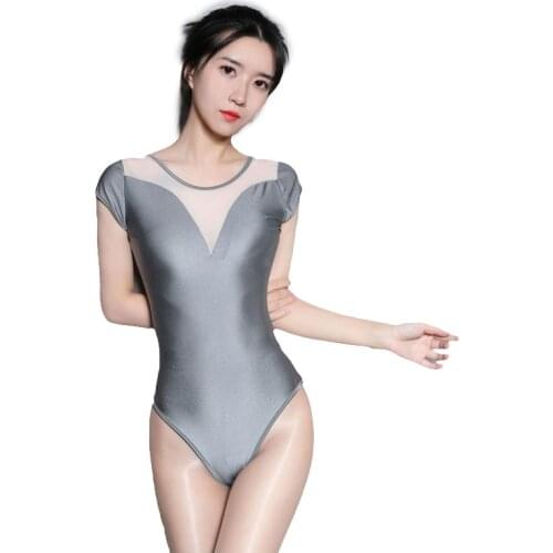 Sexy Shiny Gloosy High Cut Bodysuit Patchwork Sheer Shaper Bodysuit Mesh Ballet Bottom Wear Thong Leotard Sexy Tight F26