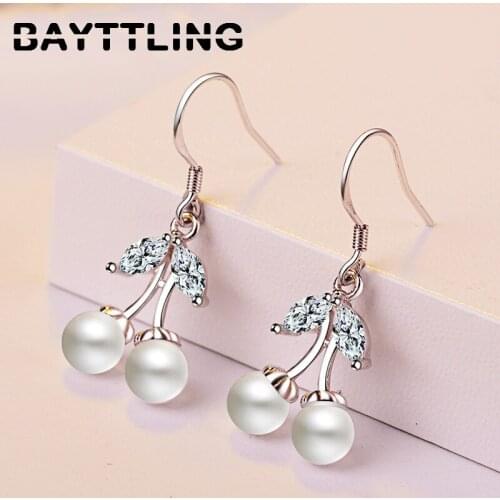 BAYTTLING 925 Sterling Silver Red/White Zircon Pearl Earrings For Women Fashion Wedding Party Jewelry Gift Earrings