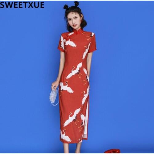 SWEETXUE Red Crane Girl Long Cheongsam Summer Chinese Style Short-Sleeved Dress WomensTemperament Eelegant Comfortable Simple