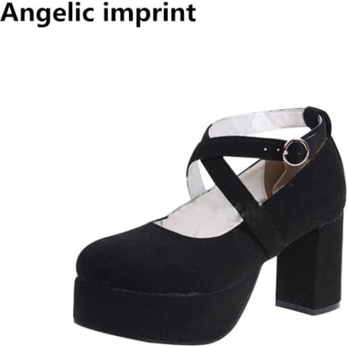 Angelic imprint woman mori girl lolita cosplay shoes lady high thin heels pumps women princess dress party shoes flock 8/6cm
