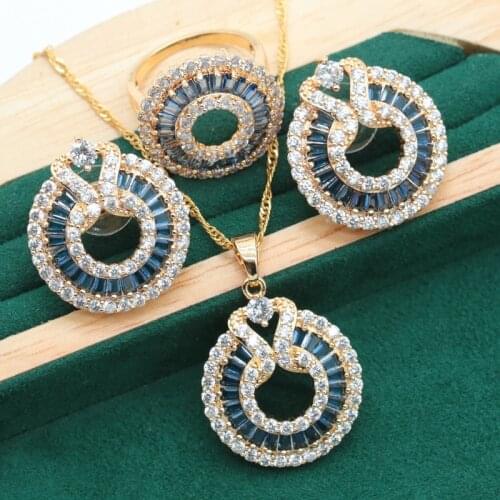 New Arrivals Gold Color Jewelry Sets For Women White Blue Black Crystal Earrings Necklace Pendant Ring Christmas Gift 3PCS