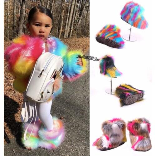 Winter Childrens Fluffy Faux Fox Fur Warm Snow Boots Kids Fashion Cute Soft Plush Cotton Shoes Baby Colorful Furry High Boots
