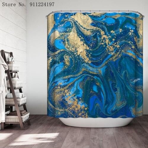 Abstract Blue Stripe Shower Curtain Ink Painting Luxurious Liquid Marble Texture Bathroom Home Decor Polyester Cloth Curtains