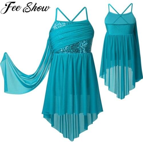 Girls Spaghetti Straps Ballet Leotard Dress Shiny Sequin Ballet Tutu Mesh Dress Kids Stage Performance Lyrical Dance Costumes