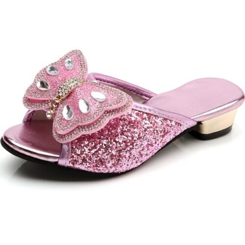 Sequined Princesse Children Girls Summer Sandals Slipper Baby Girls High Heel Party Dress Shoes Leather Slipper For Kids Slides