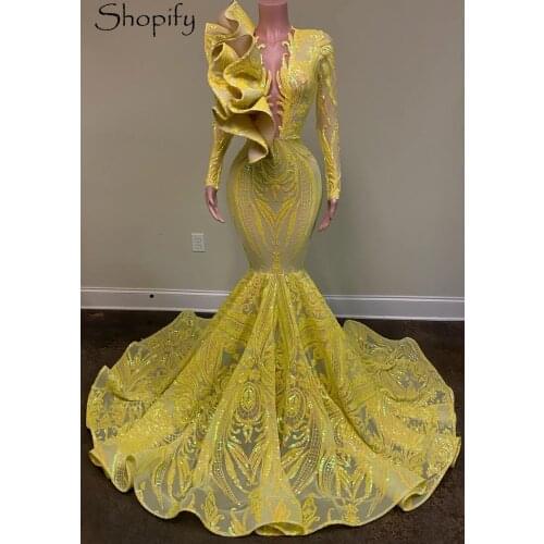 Long Prom Dresses 2021 Sheer O-neck Long Sleeve Yellow Sequin African Black Girls Prom Party Gala Gowns