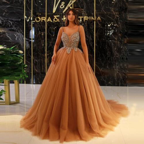 Champagne Elegant Evening Dress Spaghetti Strap Applique Tulle Ball Gown Floor Length Formal Saudi Arabia Prom Dress Custom Made