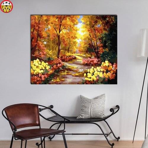 Painting by numbers art paint by number Scenic Autumn Chrysanthemum Yellow Maple Red Trail oil with Woods Living Room Restauran