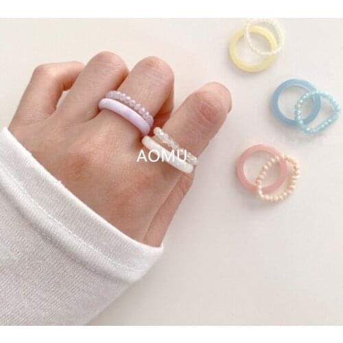 2PCS 2020 Vintage Resin Ring Set Korea Spring Colorful Crystal Beads Cute Resin Rings for Women Girls Best Party Jewelry Gifts