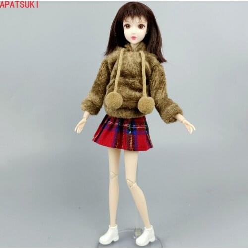 Brown Doll Clothes Set for Barbie Outfits Hoodie Sweatshirt Red Pleated Skirt for 1/6 BJD Dolls Accessories Toys For Children