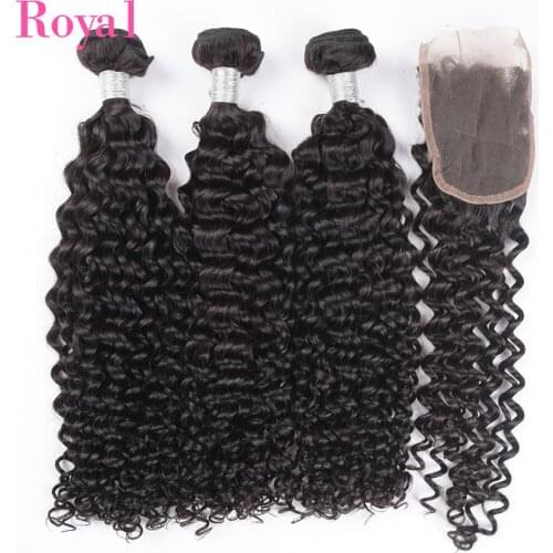ROYAL Indian Kinky Curly Bundles With Closure 4*4 Real Human Hair 3/4 Bundles With Closure Remy Hair Lace Frontal With Bundles