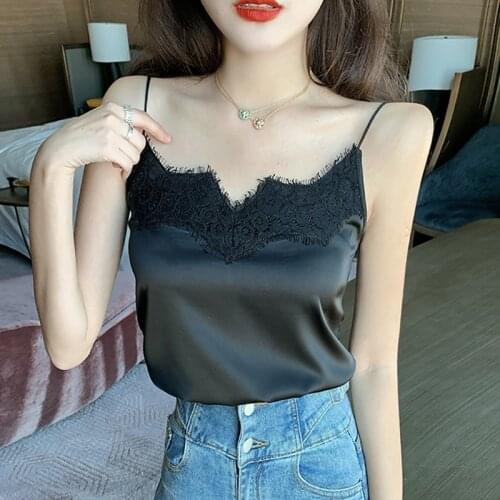 Black Lace Backless Camisole Off Shoulder Top Summer 2020 White Tank Top Women Clothes Cami Satin Silk Vest Woman Vetement Femme