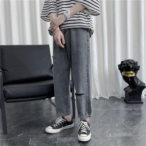 Pants Jeans Straight 2021 Mens New Boutique Ripped Casual Women Gray Blue Leisure College Tidal Current Fashion Free Shipping
