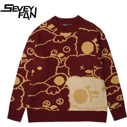 Seveyfan Mens Fashion Cartoon Sheep Sweater Hip Hop Oversize Cotton Pullover Knitwear for Couples