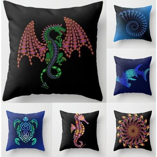 New Marine Life Dark Line Pillowcase, Turtle, Starfish, Seahorse, Lobster, Octopus Cushion Cover Throw Pillow Cover
