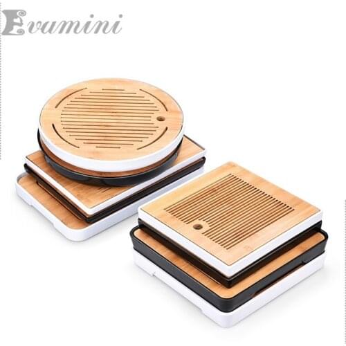Wholesale Tea Set Mini Bamboo Wood Tea Tray; Bamboo Panel +Melamine Bottom Tray Drain Water Storage Tea Table