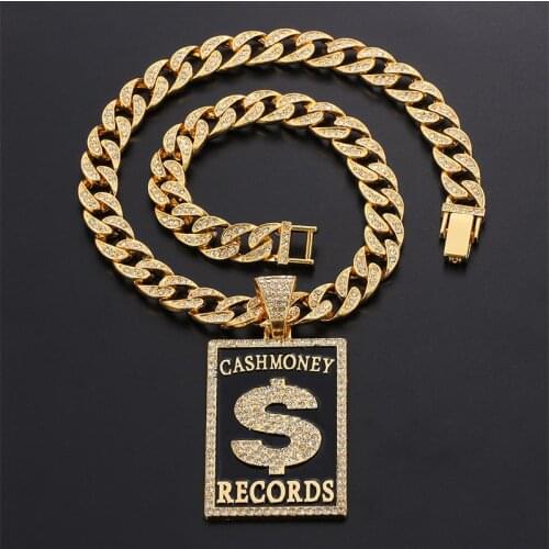 Cashmoney Hip Hop Rap US Dollar Pendant Necklace Iced Out Charm Cuba Chain Necklace For Man Record Necklace Jewelry