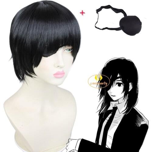 Anime Chainsaw Man Himeno Cosplay Wig Short Black Wig Single Eye Patch Heat-resistant Fiber Hair with Wig Cap