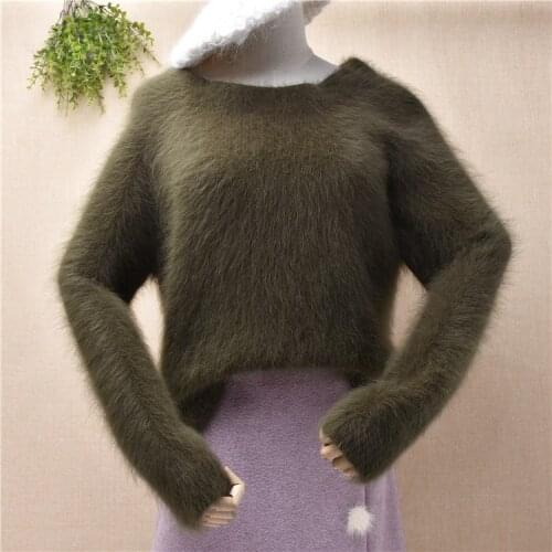 Female women hairy fuzzy mink cashmere o-neck short round neck loose pullover angora rabbit fur jumper sweater pull clothing