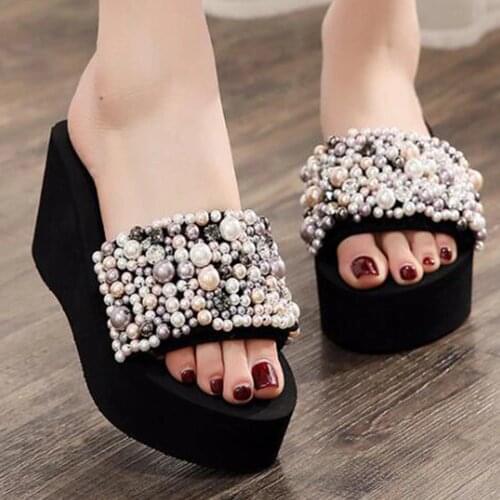 New women slides pearls Flip Flops Cute fashion ladies slippers and sandals comfortable casual Platform wedge beach shoes sh164