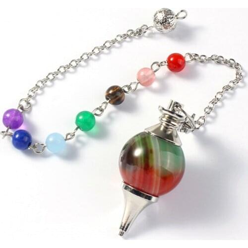 Trendy-beads Silver Plated 7 Round Beads Chain Chakra Pendulum Dowsing Pendant Stripe Green Agates Jewelry