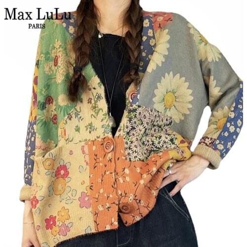 Max LuLu 2021 Vintage Loose Cardigans Autumn New Womens Flowers Casual Elegant Sweaters Ladies Knitwear Harajuku Knitted Clothes