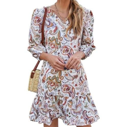 Women Dresses Summer 2021 Sexy V Neck Paisley Pattern Print Boho Dress Ruffle 3/4 Sleeve A Line Mini Dress Wrap Sundress Robe