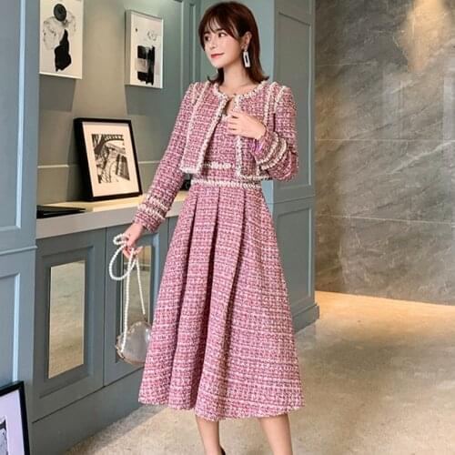 JSXDHK Luxury Tweed Two Piece Set Fall Winter Women Beading Tassel Pink Short Jacket And Vest Woollen Midi Ball Gwon Dress Suits