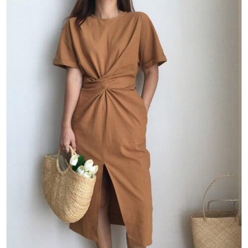 2021 Free Shipping Womens Summer Cotton Bodycon Vintage Long Dress Female Short Sleeve Bandage Vestidos Split Dresses