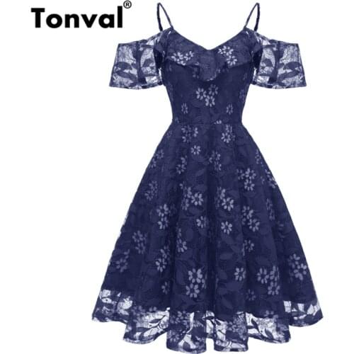 Tonval Spaghetti Strap Floral Lace Elegant Women Party Dress Ruffle Neck Backless Swing Dresses Going Out Club Sexy Dress