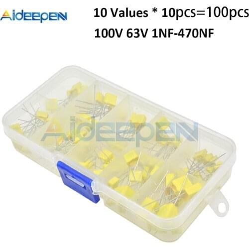10 Values 100Pcs Correction Capacitor Polypropylene Safety Plastic Film Assorted Kit 1NF 2.2NF 10NF 22NF 47NF 100NF 0.47uf 0.1uf