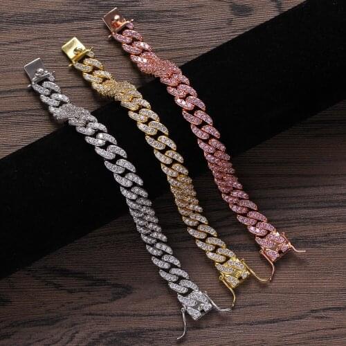 12mm width Bling Bling Cuban Chain Brass Hip hop Iced Out Zircon Bracelet Mens Jewelry CZ Cuban Bracelet BB002
