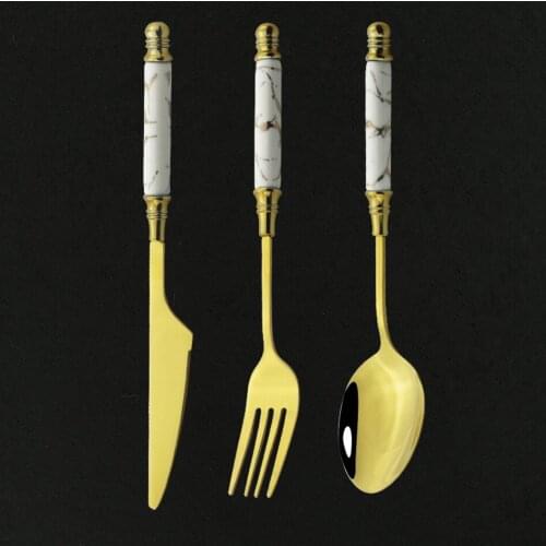 3Pcs Ceramic Tableware Fork Spoon Knife Set Vintage Flatwatre Cutlery Set Stainless Steel Dinnerware Set White Marble Handle
