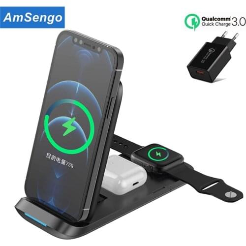 Amsengo 15W Wireless Phone Charger Foldable Holder 3 in 1 Fast Charge Pad For iPhone Airpods Xiaomi Huawei Samsung Dock Station