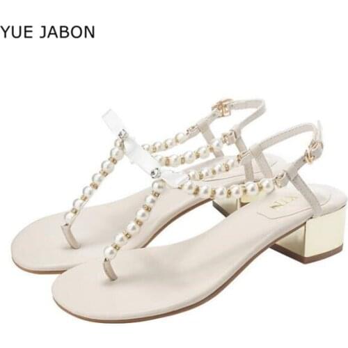 Black White Sexy Sandals women 2020 new summer Toe thick heel Net red versatile pinch Pearl sandals Bow Design Flip-flop sandals