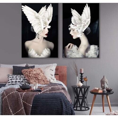 Flower Feather Women Painting White Wings Beauty Wall Art Canvas Poster Black White Wall Pictures For Living Room Home Decor