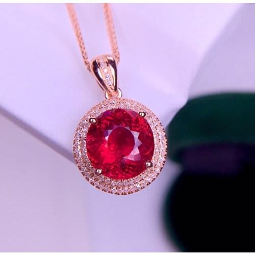 E527 Fine Jewelry Real 18K Gold Natural Red Tourmaline 3ct Gemstones Diamond Pendants Necklaces