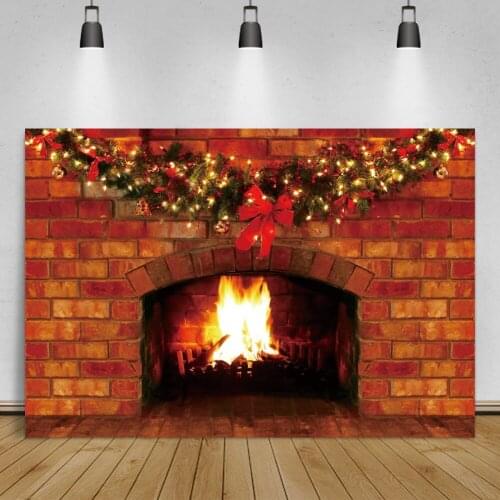 Laeacco Brick Wall Christmas Fireplace Garland Photo Backdrops Burning Flame Interior Photocall Decor Photographic Background